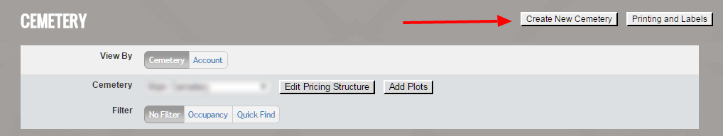Cemetery management interface screenshot.