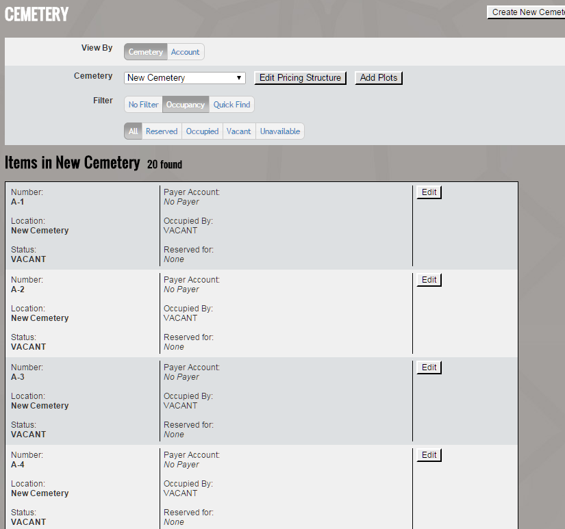 List of vacant cemetery plots.