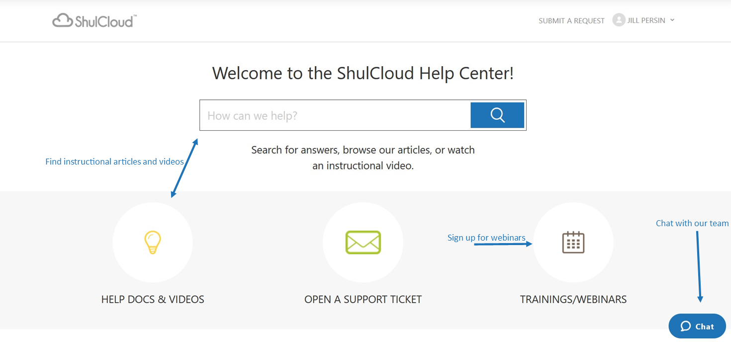 ShulCloud Help Center homepage interface.