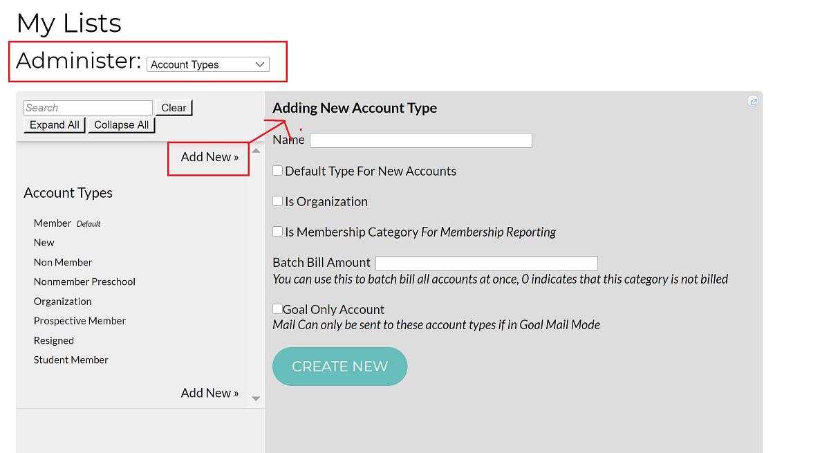 Add New Account Type form interface