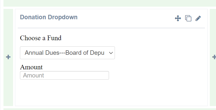 Donation dropdown with fund and amount fields.