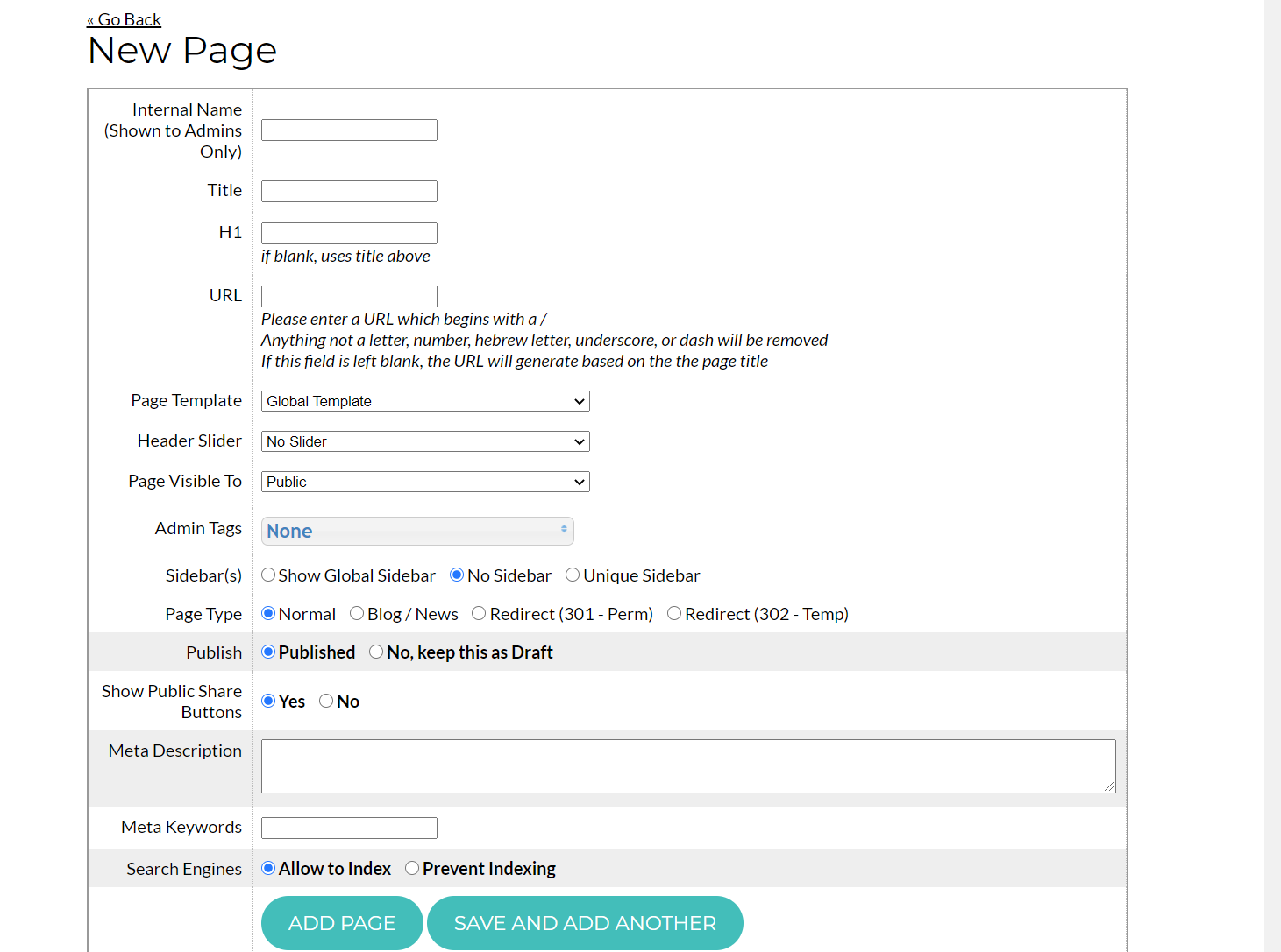 Web page creation form interface