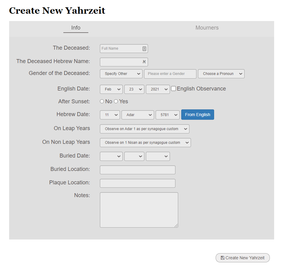 Yahrzeit creation form interface