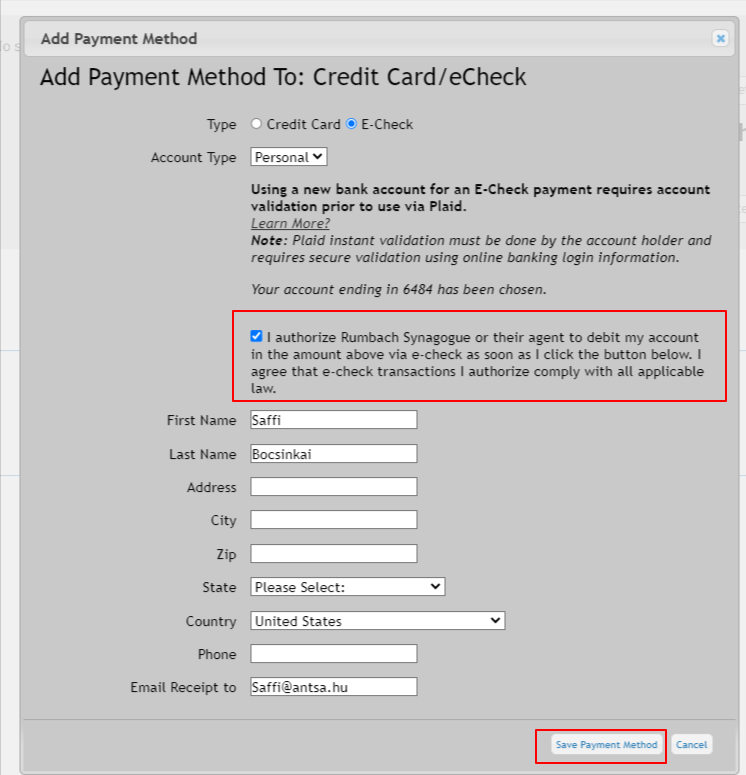 Payment method form with authorization checkbox.