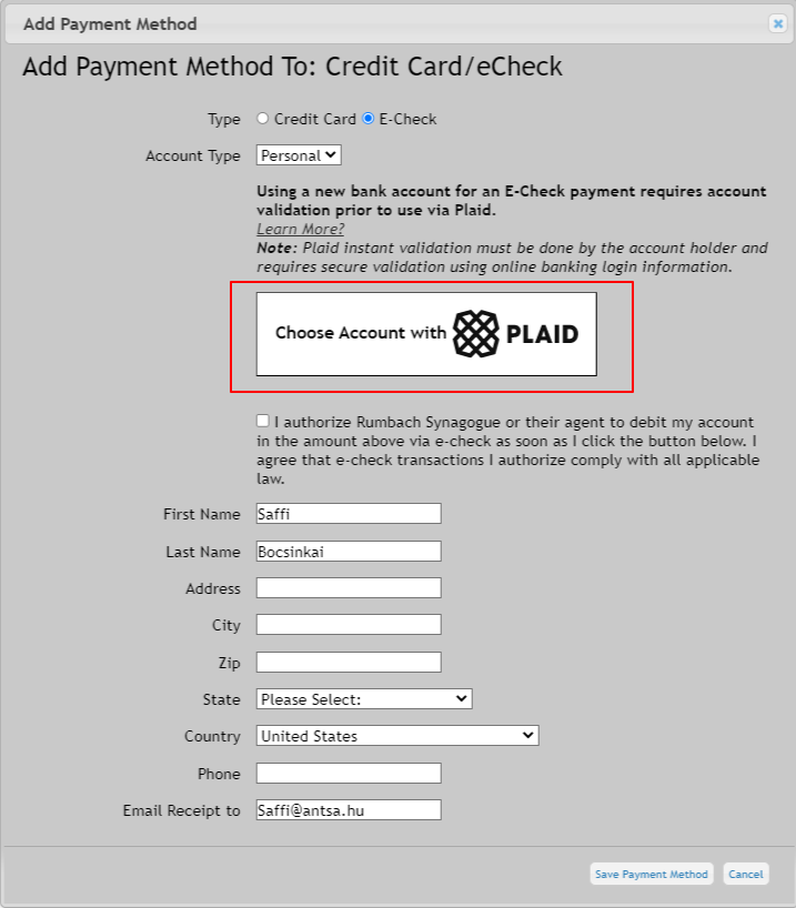 Add Payment Method form with Plaid option