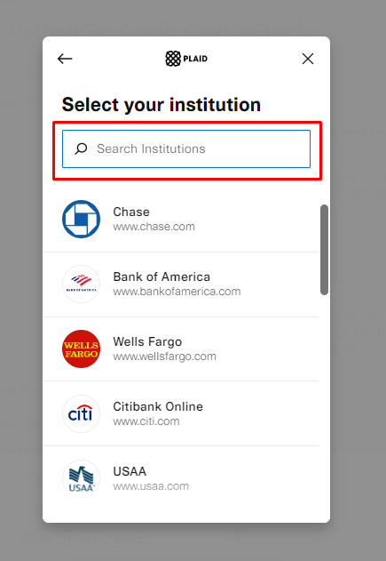 Bank selection interface with search bar.
