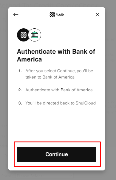 Authenticate with Bank of America screen