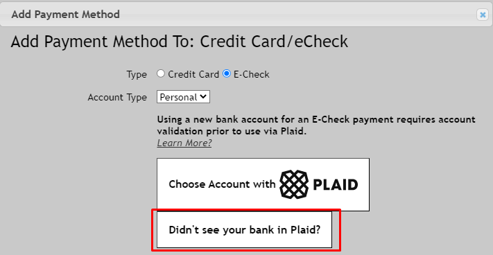 Add payment method with Plaid option
