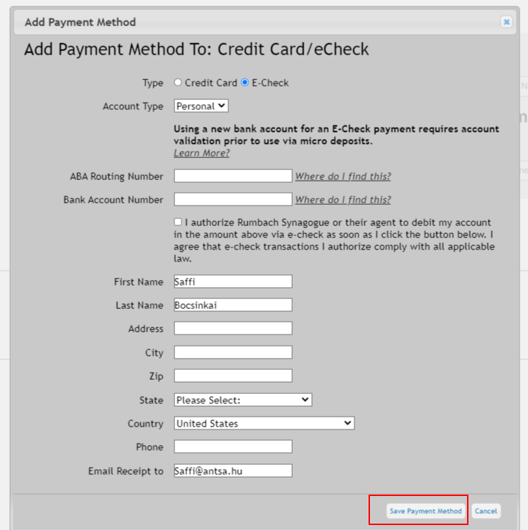 Payment method form for eCheck setup.