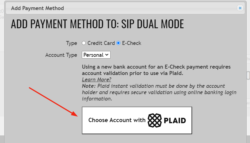 Add payment method with Plaid option