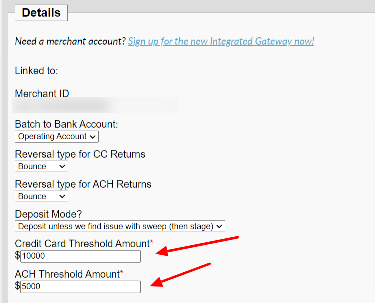 Credit and ACH threshold amounts form