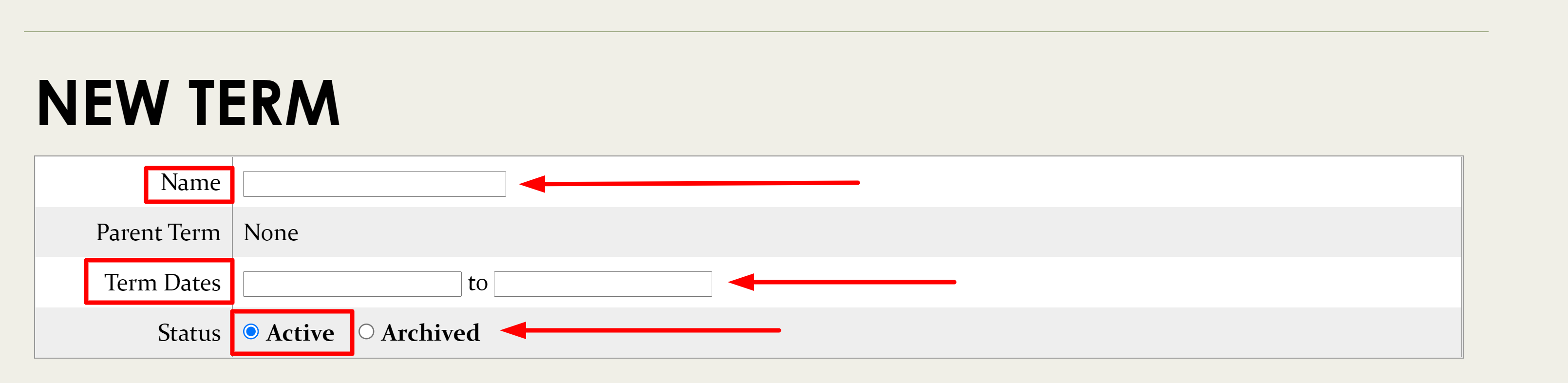 New term form with fields and status options.