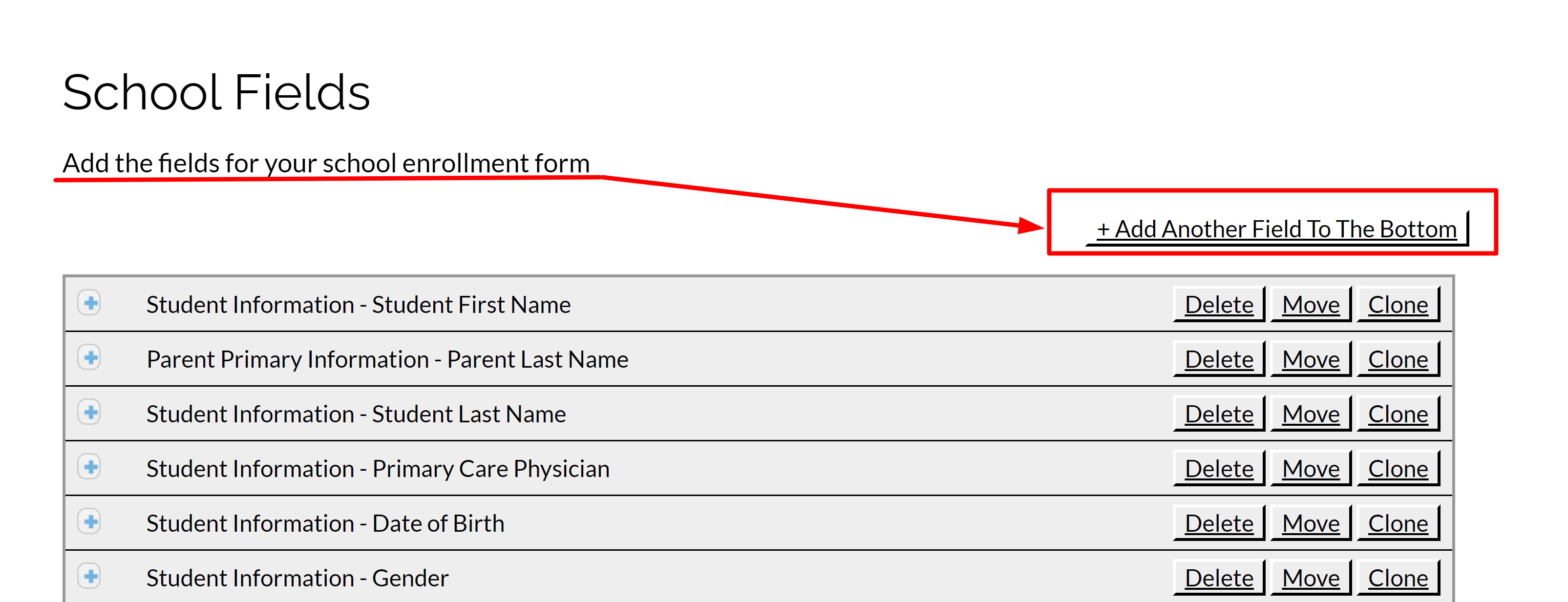 School enrollment form fields list