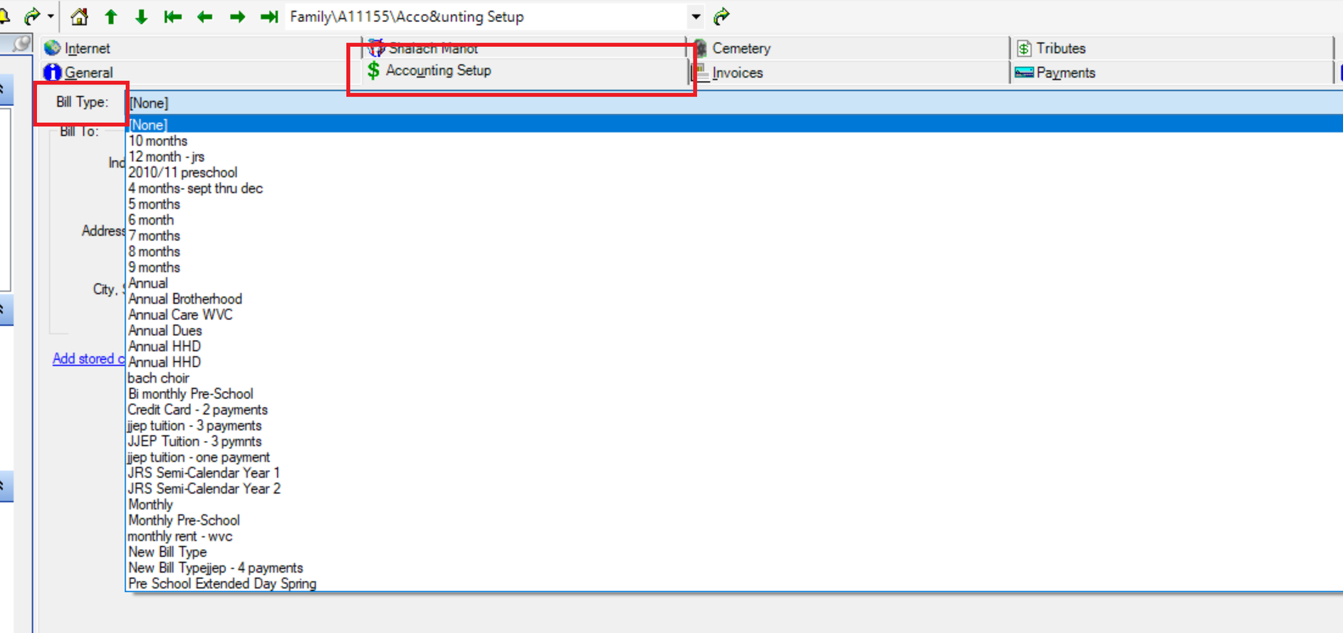 Accounting setup screen with bill type options.