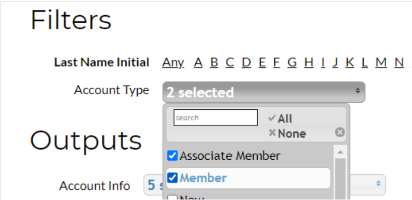 Dropdown menu with account type filters.