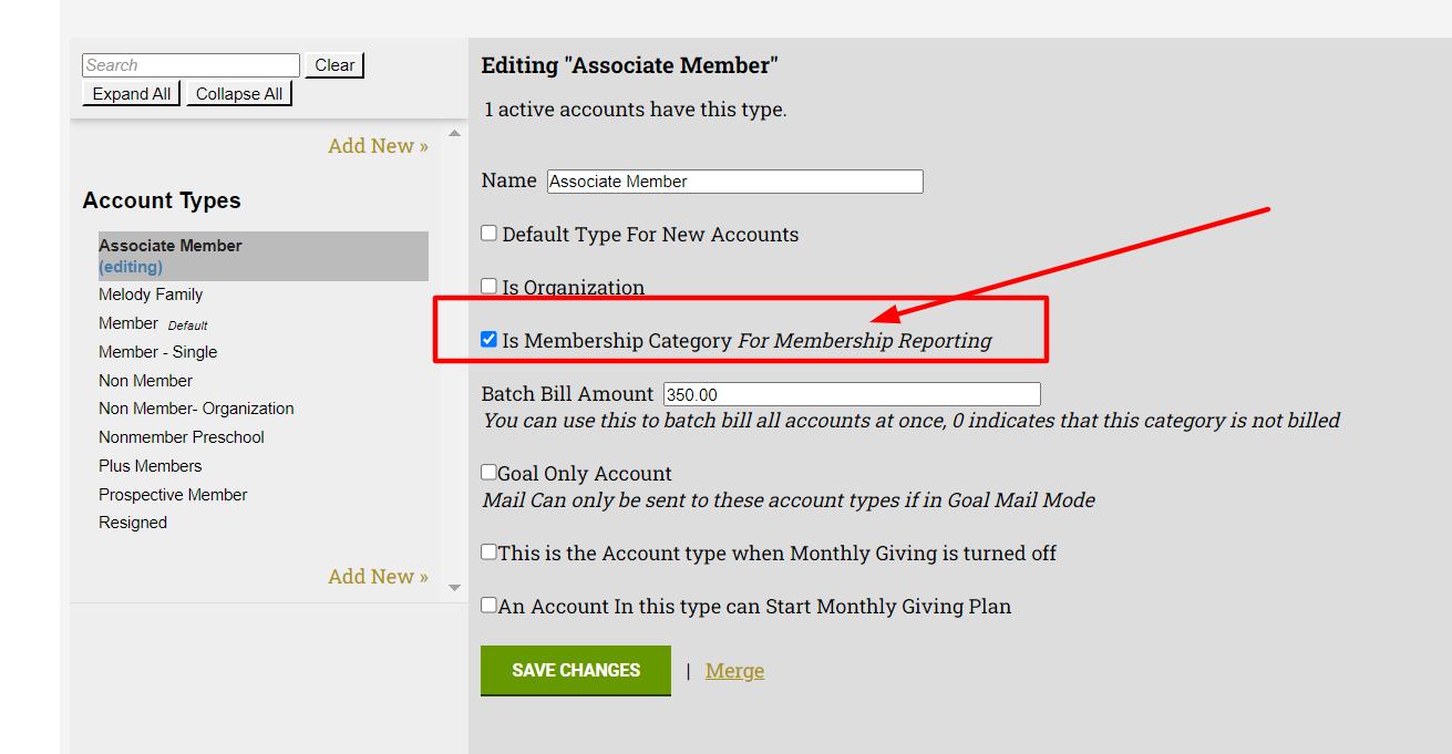 Checkbox for membership reporting selected.