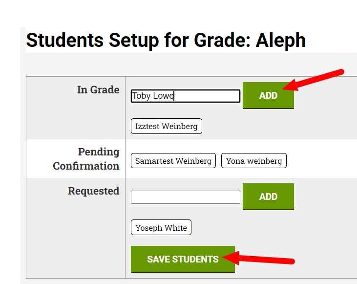 Student setup interface with add buttons.